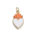 Enamel heart pendant charm with orange flame accent and gold beaded edge for DIY jewelry - Sacred Heart Flame White (081-01)