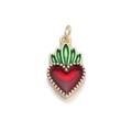 Golden sacred heart pendant with red enamel and green leaf accents for DIY jewelry - Sacred Heart Leaves Red (081-02)