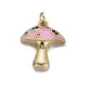 Dettaglio del ciondolo a fungo con smalto rosa e pietre colorate su base dorata - Pendente a Fungo in Smalto Rosa (YSN090-15)