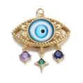 14K gold plated evil eye pendant with colorful gemstone drops and intricate metalwork - Cyan (YSN056-05)