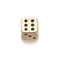 Detailed view of a golden metal dice pendant with polished finish and clear black dots - Gold Dice