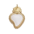 Gold sacred heart pendant with white enamel and lace edge details on white background - Sacred Heart Flame (YSN035-03)