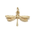Detailed view of golden dragonfly pendant with intricate wing patterns and top hanging loop - Dragonfly Design