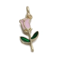 14K gold plated pink rose flower charm pendant with green leaves for DIY jewelry making - Pink Rose Flower (114-10)