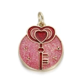 14K gold plated heart key pendant with pink glitter background and red enamel details - Pink Heart Key (115-05)