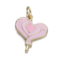Pink enamel heart lollipop pendant in 14K gold plated brass for DIY necklace jewelry - Pink Heart Lollipop (115-06)