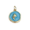 Hemelblauwe ronde hanger van email met gouden schelpreliëf en metalen rand - Blauw Rond Goud Conch B (106-20)