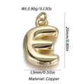Polished gold bubble letter E pendant in copper material measuring 20mm by 13mm - Letter E