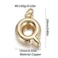 Polished gold balloon style letter Q copper pendant charm with size and weight specs - Letter Q