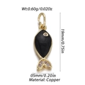 Gouden koperen vis hanger met zwart emaille en zirkonia stenen, maat 19x5mm - Zwarte Vis Stijl (YSN154-01)