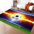 Macro detail of dynamic flame football rug on light wood floor with sofa backdrop - 40*60cm / Flaming Soccer Competition