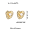 Golden brass heart-shaped hoop earrings with zircon stones and ribbed texture - Gold Spiral Heart Style (YSE049-19)