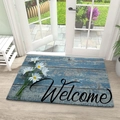 Welcome mat with blue wood texture and white daisies on indoor wooden flooring - 40x60cm (Diatomite) / Daisy on Old Wood
