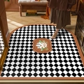 Französische Retro-Halbrundmatte aus PVC mit schwarz-weißem Schachbrett und Blumenmotiv - 45*75cm / Vintage Schachbrett 1