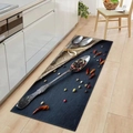 3D kitchen mat set featuring spices and silver spoons on a dark stone texture - Dark Slate Style (kjdd-10)