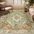 Bohemian vintage rug in olive green and ochre brown with mandala floral patterns - 50x80cm Washable High Density / Persian Green