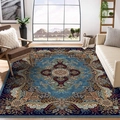 Exotic Persian style blue and red area rug in a modern living room with mountain view - 50x80cm / Musger WS-3