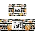 Fall themed kitchen mat set with pumpkins, maple leaves and Hello Fall text on stripes - Striped Fall Pumpkin Style (MAE-5) / Mat Set