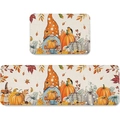 Detail of Harvest Gnome kitchen mat set featuring orange pumpkins and autumn leaves - Polka Dot Hat Gnome Style (MAE-6) / Mat Set