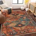 Bohemian vintage area rug with orange and indigo patterns on dark wood floor - 40*60cm / Orange Red Indigo Vintage Style (moooa-4)