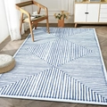 Détail des lignes géométriques bleues sur tapis blanc avec finition soignée des bords - Bleu Ivoire / 40*60cm