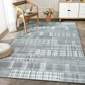 Detail of modern Nordic plaid rug in blue and gray tones for living room and bedroom - 50*80cm / Gray Plaid