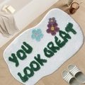 Irregular white faux cashmere bath mat with You Look Great slogan and floral pattern - White (You Look Great)