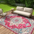 Bohemian outdoor rug with pink Persian pattern on a dark wood terrace setting - Hao Bo-4 Pattern / 40*60cm