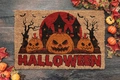 Coir fiber Halloween mat detail with pumpkins and bats on a rustic wood floor - 40x60cm Skin-Friendly Velvet Surface / Halloween Night 5