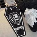 Coffin-shaped Halloween rug featuring grim reaper and Death text in gothic black and white - Cloaked Death Style