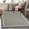 Modern abstract grey woven area rug with cream border on wood floor in living room - Faux Cashmere Style / Miniature Size / Gray Weave White Border (SBT-RZ04)