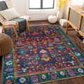 Bohemian vintage rug with red floral center and navy blue borders on dark wood floor - 40*60cm / Red Blue Border Vintage Style (moooa-11)