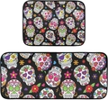 Detail of Day of the Dead kitchen mat set with vibrant sugar skull and floral patterns - Day of the Dead Pattern 9