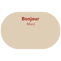 Dettaglio del tappeto da bagno ovale beige con scritte Bonjour e Merci - 40x60cm / Beige