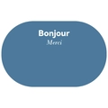 Dettaglio del tappeto ovale blu con i testi Bonjour e Merci stampati in bianco - 40x60cm / Blu