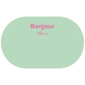 Dettaglio tappetino da bagno ovale verde menta con scritte Bonjour e Merci in rosa - 40x60cm / Verde Menta