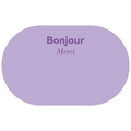 Detail showing plush purple bathroom mat with Bonjour and Merci typography print - Purple