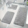 Gray 4-piece bathroom rug set with cobblestone texture on modern white tile floor - 4-Piece Set (U-40*50+Lid 38*40+Mat 40*60+Mat 50*100) / Light Gray