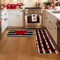 Kitchen mat set of two with red hearts and striped pattern on wooden floor - 40*60cm / 1108QRJ-2