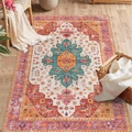 Top view of a bohemian rug with teal geometric patterns and rustic floral borders - 40x60 / Teal Medallion Style (mjx波斯-1)