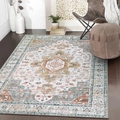 Top view of rectangular Bohemian medallion area rug in a bright Nordic living room setting - 40x60 / Olive Green Vintage Style (mjx波斯-4)