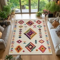 Primer plano de alfombra bohemia con patrones geométricos coloridos en una sala de estar - 1023fyr-4 / 40*60cm【Terciopelo Suave】