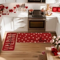Detail view of red Valentine-themed kitchen mats with gold hearts in a home setting - 50cmx80cm / Red Base Gold Heart Style