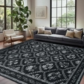 Modern black floral area rug with white vine patterns in a luxury living room setting - 40x60cm / Black With White Flowers
