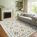 Detailed perspective of floral grid area rug on light wood floor in a cozy living room - 40x60cm / Off White Green Grid Floral