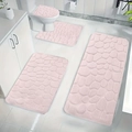4-Piece pink cobblestone embossed coral fleece bathroom rug set with anti-slip backing - Pink