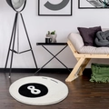 Detail of round black 8 billiard rug showing thick plush texture and durable hemmed edges - 40x40cm-Faux Cashmere / Black Number 8 Ball