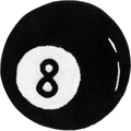 Close-up of soft faux cashmere round rug featuring a black number 8 billiard ball design - 3D Effect Black Number 8 Ball