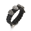 Close-up of hand-woven black cord bracelet with silver dragon shield metal charms - Black (ABL180-2)