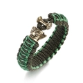 Detailed shot of Sanxingdui mask charm on a hand-woven green paracord bracelet - Green and Brown (ABL179-1)